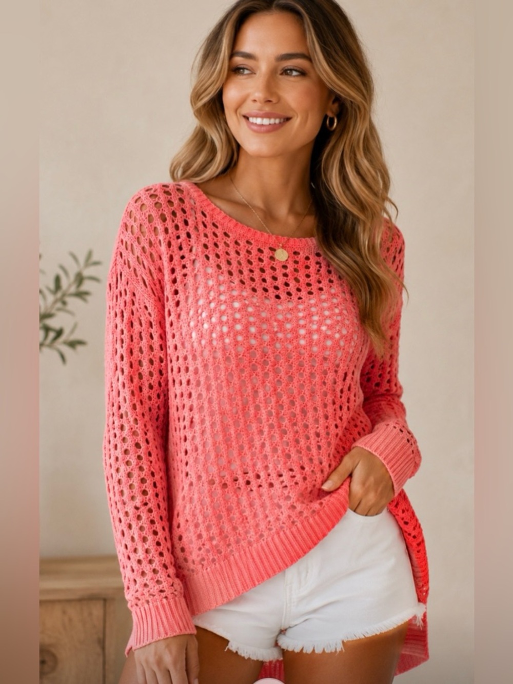 Michael Kors Coral Open Knit Sweater | Size Medium | 100% Cotton